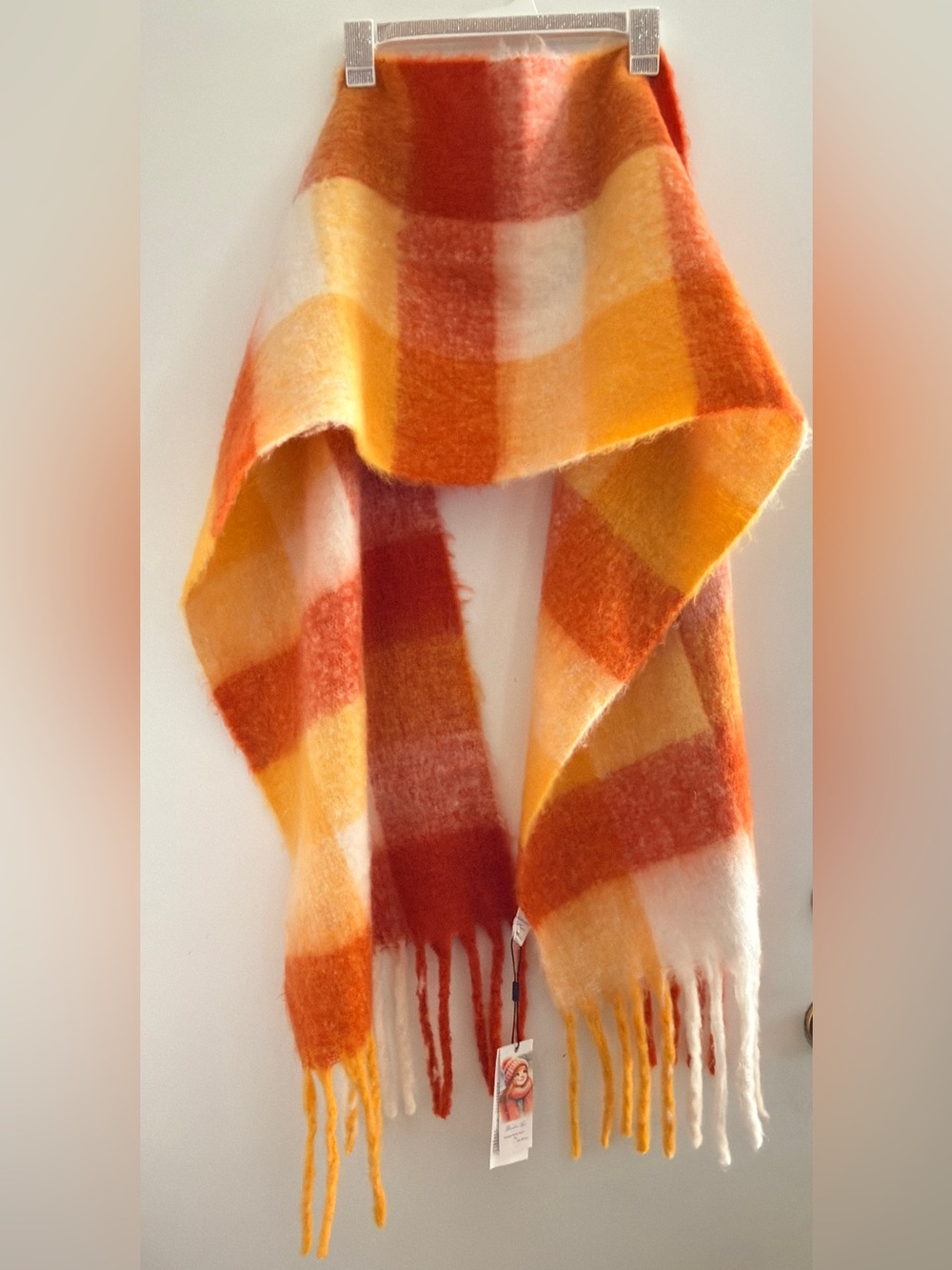 Wander Agio  Orange Yellow Cream Plaid Fringe Scarf- Large